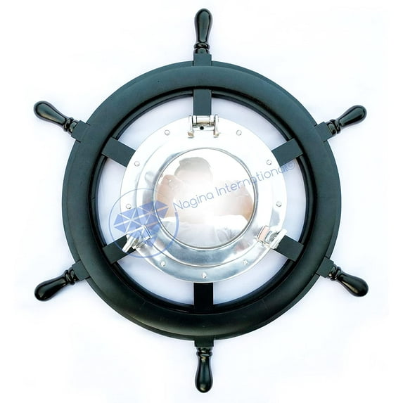 Plane Mirror | Teak Wood Nautical Ship Wheel | Antique Rope | Premium Wooden Gift | Nagina International (12 Inches)