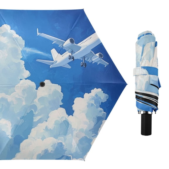 Plane Sky White Clouds Oil Painting All Weather Umbrella Triple Folding Parasol 6 Ribs UV Protection Portable
