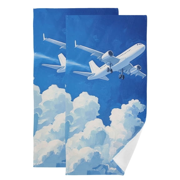 Plane Sky White Clouds Oil Painting Hand Towel Absorbent Bath Towels for Bathroom Sports Gym 28" x 14" Set of 2