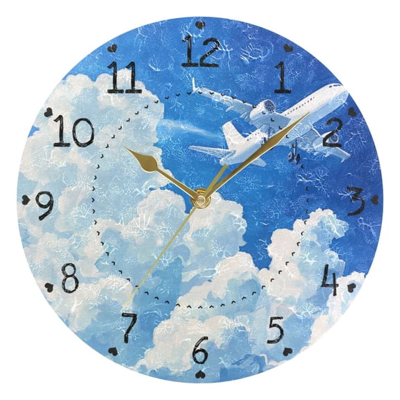 Plane Sky White Clouds Oil Painting Round Wall Clock Silent Analog Battery Operated Gold Pointer Home Decor 9.84" Diameter