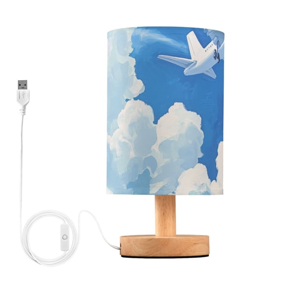 Plane Sky White Clouds Oil Painting Table Lamp with USB Port LED Warm Light Lamp Night Light Home Decor