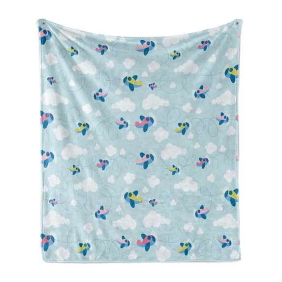 Plane Soft Flannel Fleece Blanket, Cartoon Style Sky with Airplanes and Clouds Swirls Scrapbook Design Pattern, Cozy Plush for Indoor and Outdoor Use, 50" x 60", Baby Blue White Pink, by Ambesonne