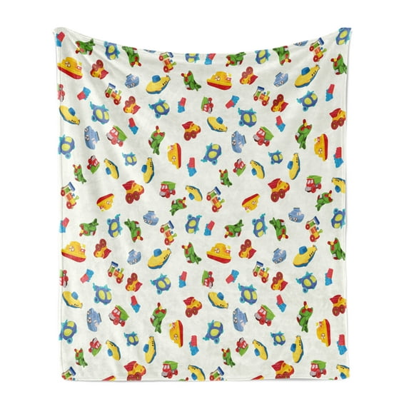 Plane Soft Flannel Fleece Throw Blanket, Airplane Boat Ship Helicopter Submarine Car Truck Van Boys Cartoon Transportation, Cozy Plush for Indoor and Outdoor Use, 60" x 80", Multicolor, by Ambesonne