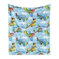 thumbnail image 1 of Plane Soft Flannel Fleece Throw Blanket, Cartoon Planes and Helicopters in the Air Between Clouds Nursery Toy Artwork, Cozy Plush for Indoor and Outdoor Use, 50" x 70", Yellow and Blue, by Ambesonne, 1 of 5