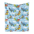 thumbnail image 1 of Plane Soft Flannel Fleece Throw Blanket, Cartoon Planes and Helicopters in the Air Between Clouds Nursery Toy Artwork, Cozy Plush for Indoor and Outdoor Use, 50" x 60", Yellow and Blue, by Ambesonne, 1 of 5