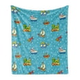 thumbnail image 1 of Plane Soft Flannel Fleece Throw Blanket, Colorful Cartoon Children Toy Pattern Boats Planes Trains on Blue Background, Cozy Plush for Indoor and Outdoor Use, 50" x 60", Multicolor, by Ambesonne, 1 of 5