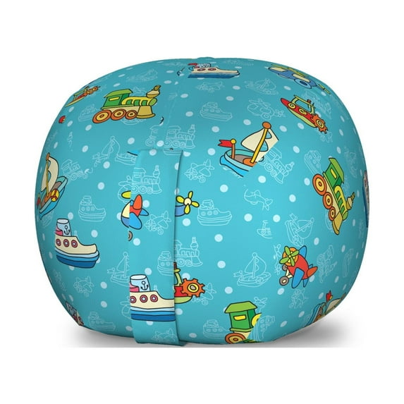 Plane Storage Toy Bag Chair, Colorful Cartoon Toy Pattern Boats Planes Trains on Blue Background, Stuffed Animal Organizer Washable Bag, Large Size, Multicolor, by Ambesonne