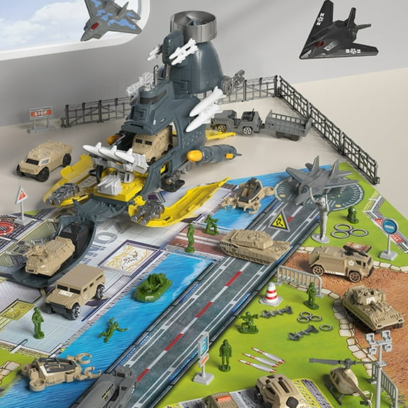 Plane Toy for Boys Submarine Toy Naval Ship with Mat,Historical Military Series Submarine Model Set - 4PCS Vehicle Tank Helicopter Plane & 11PCS Army Men Toy Soldiers,Ideal Gift Army Toys Set