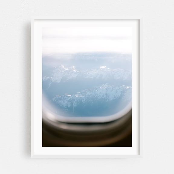 Plane Window View - Alpine Travel Photography - Photography Mountain Snow Landscape Nature Airplane Scenic White Framed Wall Art Print 5 x 7 inches