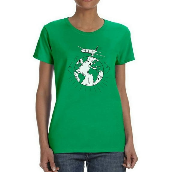 Plane World Graphic Design Women Kelly Green T-Shirt, Female x-Large
