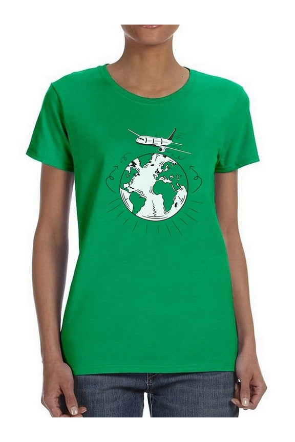 Plane World Graphic Design Women Kelly Green T-Shirt, Female x-Large
