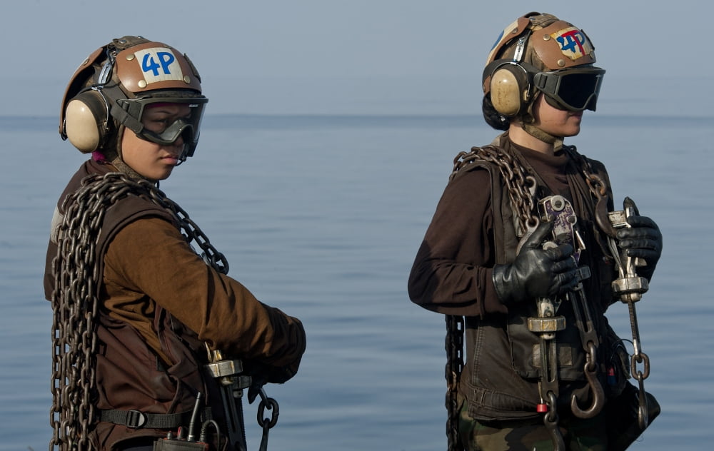 Plane captains stand by during aircraft recovery operations Canvas Art - Stocktrek Images (36 x 23)