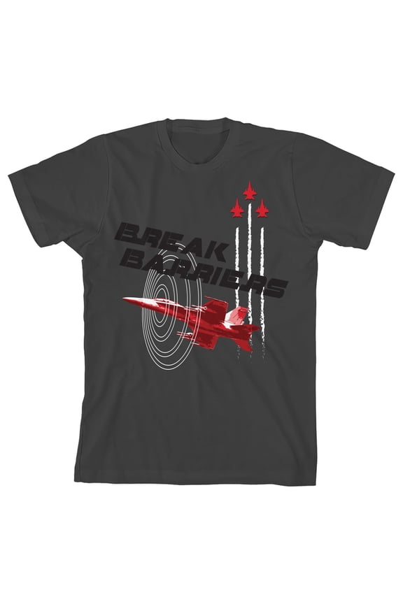 Planes Break Barriers Youth Charcoal Short Sleeve Crew Neck Tee-Small