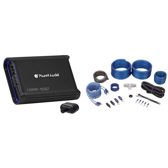 Planet Audio MB1200.1D Bundle: 1200W Class D Mono 1 Ohm Amplifier, Rockville RWK41 4 Gauge Amplifier Wiring Kit, 2-items