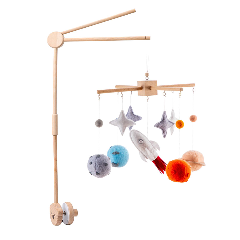 Planet Baby Crib Bell Mobile – Rotating Wooden Wind Chimes with Stars, Rocket & Planet Pendants – Soothing Infant Sleep & Nursery Decor