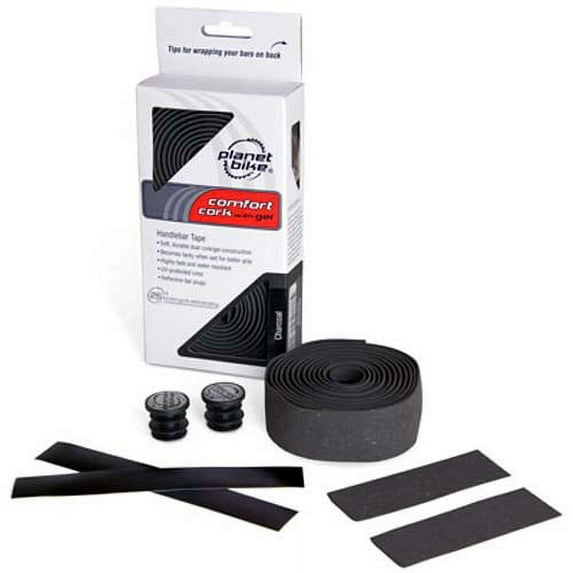 Planet Bike Comfort GEL Road Bike Handlebar Tape with Reflective Bar Plugs (Charcoal Cork)