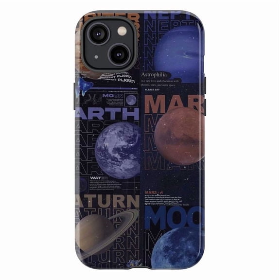 Planet Collage Phone Case, Aesthetic iPhone Case with Mars, Earth, Moon, Saturn Design, Stylish Space Phone Cover for iPhone 16 15 14 13 12 11 Plus Pro Max Mini