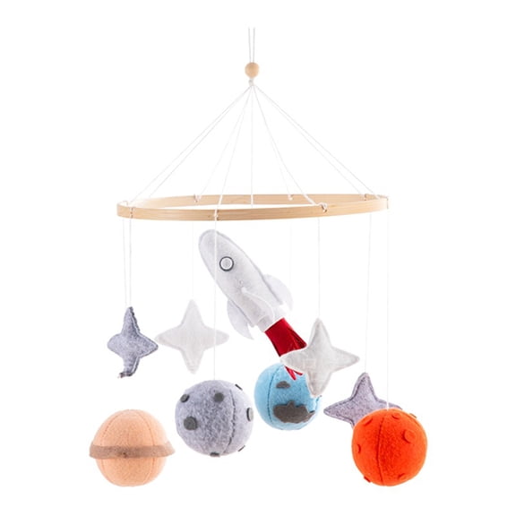 Planet Crib Bell Baby Bed Hanging Wind Chime with Stars & Rocket Pendants, Wooden Rotating Swaying Bell for Newborn Infant Sensory & Nursery Room Decoration