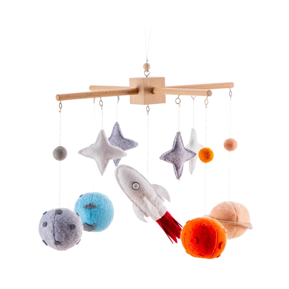 Planet Crib Bell – Baby Bed Hanging Wind Chime with Stars & Rocket Pendants, Wooden Rotating Swaying Bell for Newborn Infant Sensory & Nursery Room Decoration