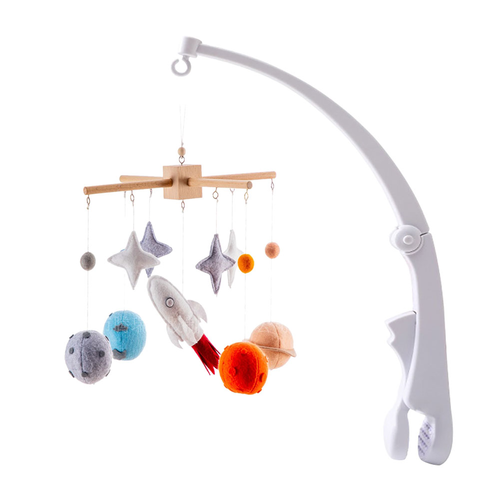 Planet Crib Bell – Wooden Hanging Baby Bed Bell with Stars, Rocket & Planet Pendants, Rotating Wind Chime for Newborn Nursery Decoration