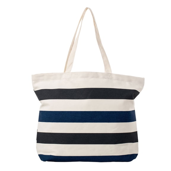 Planet E Deluxe Reusable Canvas Shopping Bag, Striped Grocery Tote Bag, Beige/Navy