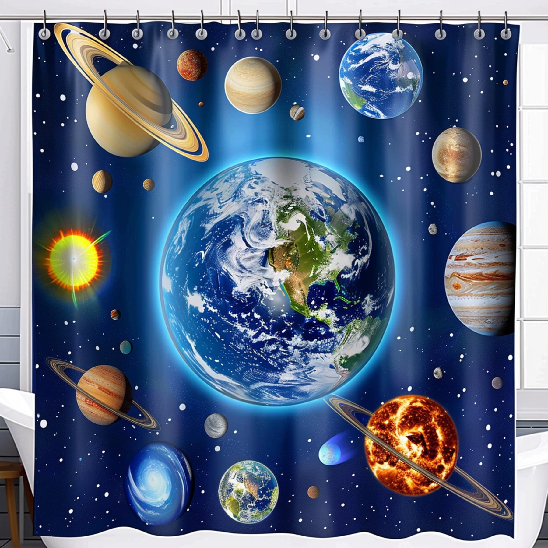 Earth Solar System Space Shower Curtain Blue Bathroom