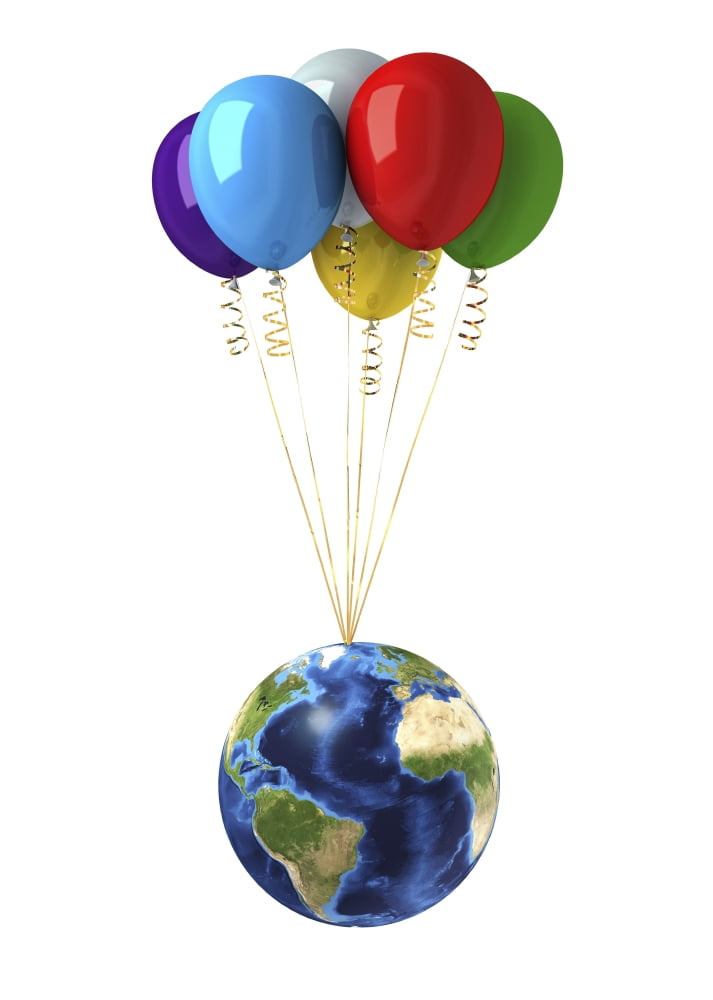Planet Earth lifted by a bunch of flying multicolored balloons Canvas Art - Leonello CalvettiStocktrek Images (24 x 34)