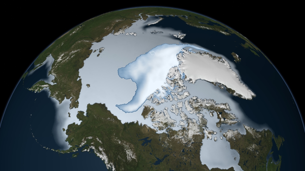 Planet Earth showing sea ice coverage in 2012 Canvas Art - Stocktrek Images (38 x 21)