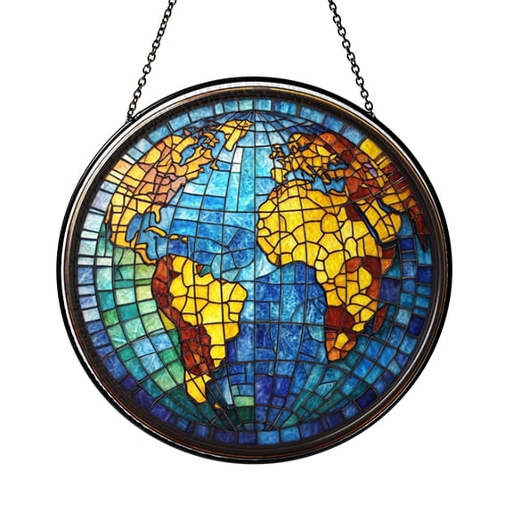 Planet Globe Space Stained Glass Style Window Decor, Cosmic Hanging Decorative Art Panel