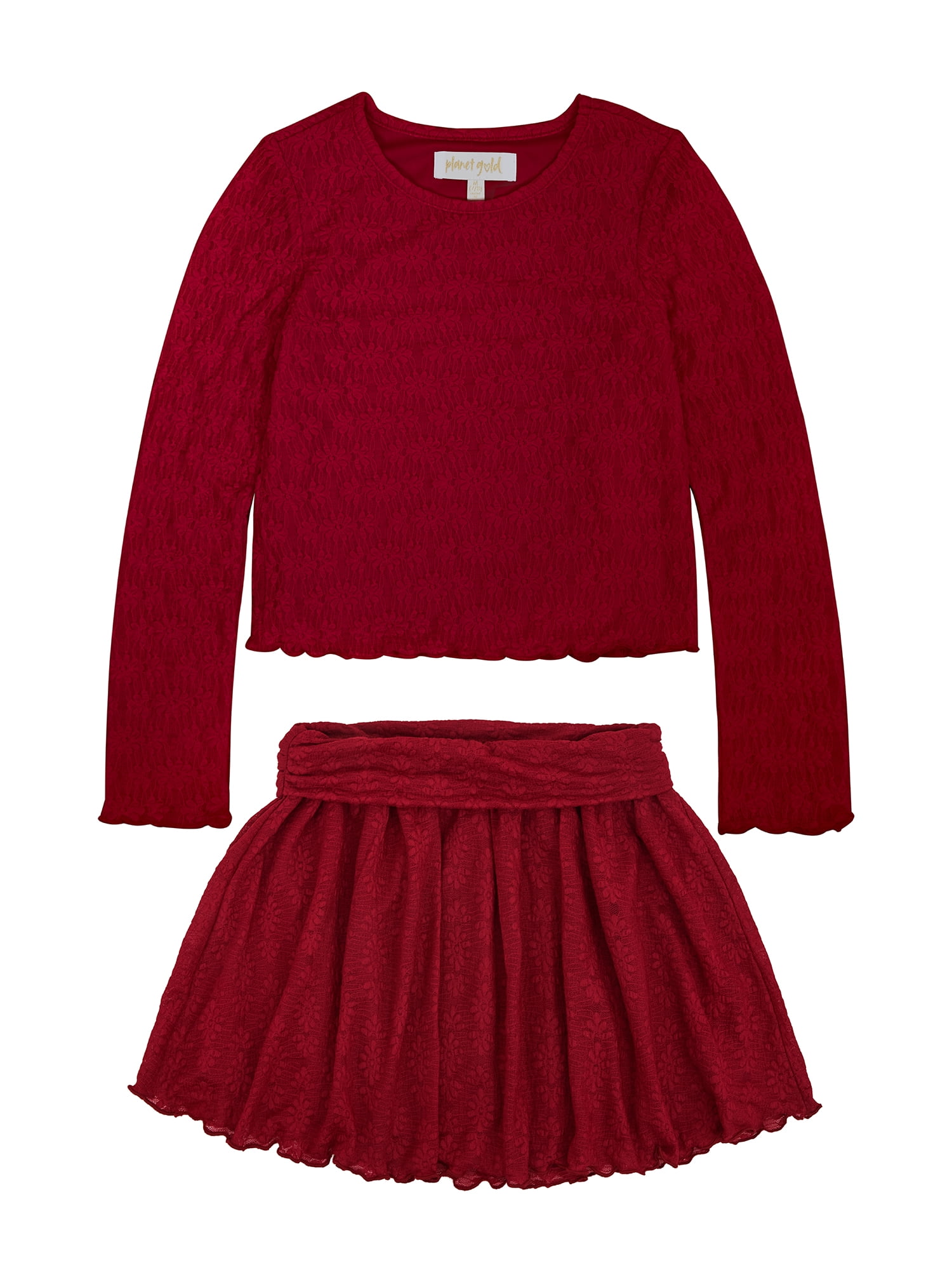Planet Gold Girls' Long Sleeve Lace Top and Skirt, 2-Piece Set, Sizes 4-18