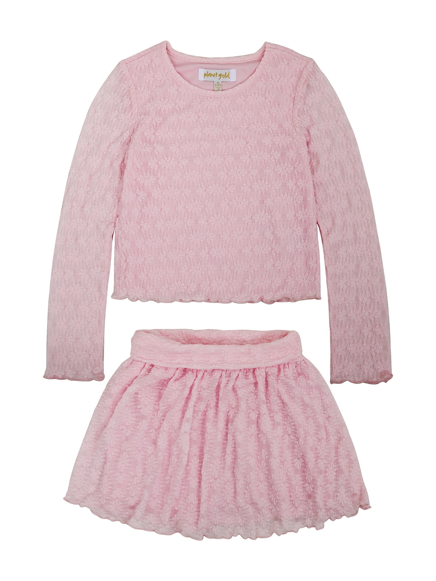 Planet Gold Girls' Long Sleeve Lace Top and Skirt, 2-Piece Set, Sizes 4-18