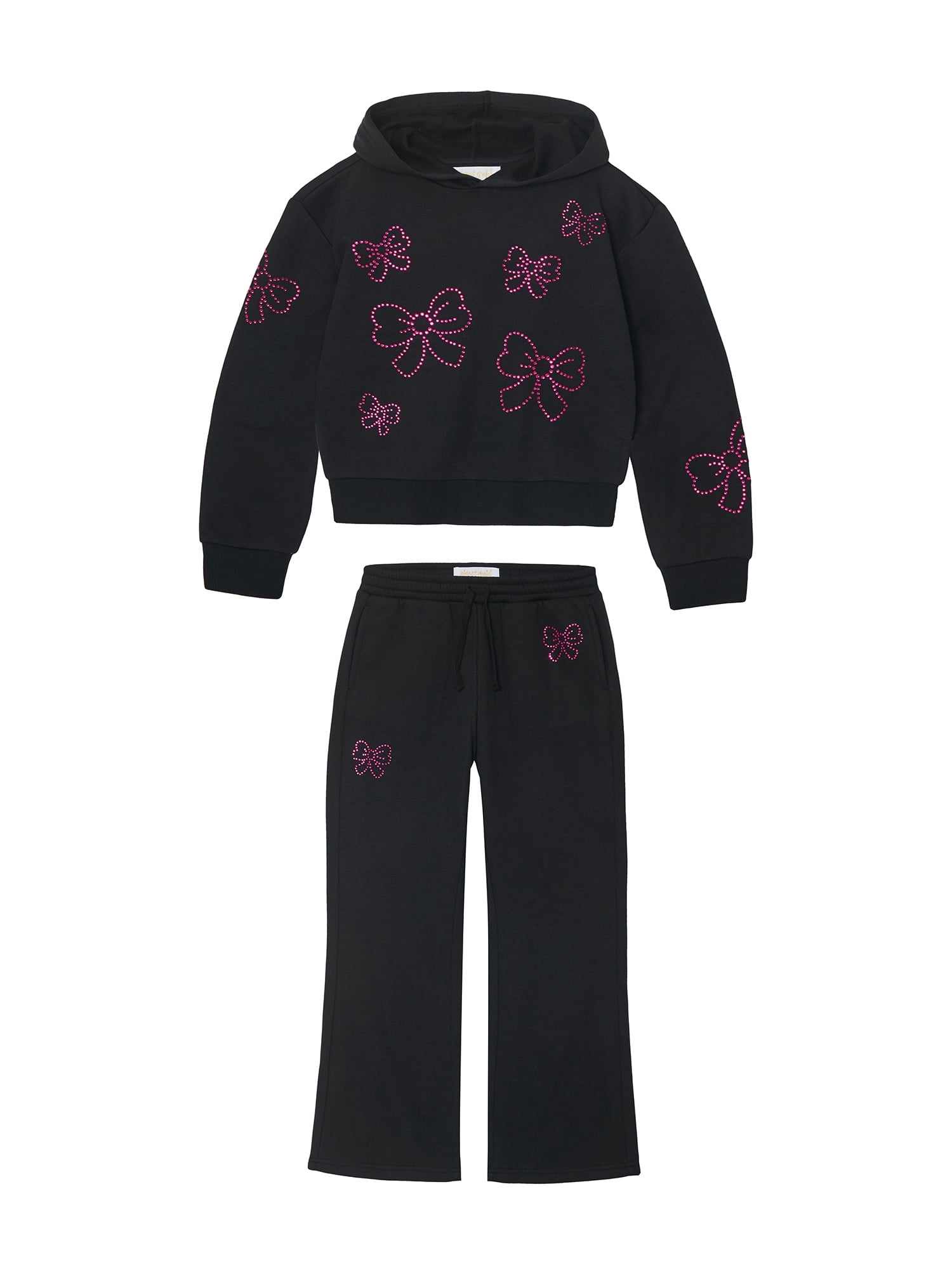 Girls' Rhinestone Bow Embellished Fleece Hoodie and Pant, 2-Piece Set, Sizes 4-18
