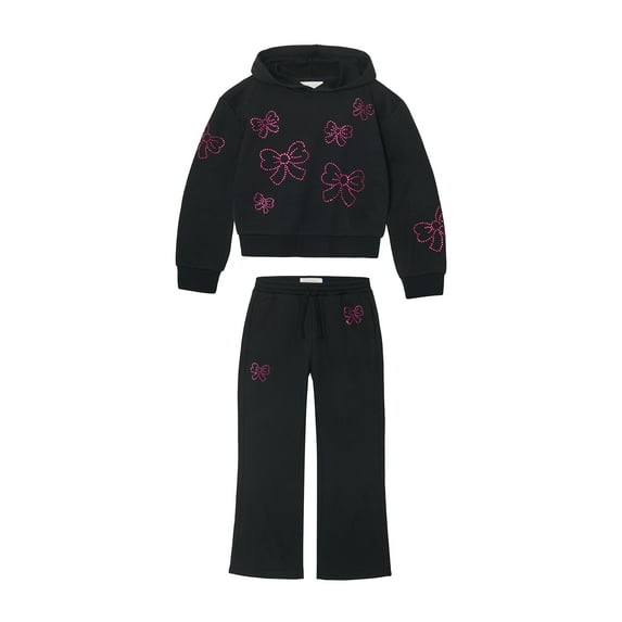 Planet Gold Girls' Rhinestone Bow Embellished Fleece Hoodie and Pant, 2-Piece Set, Sizes 4-18