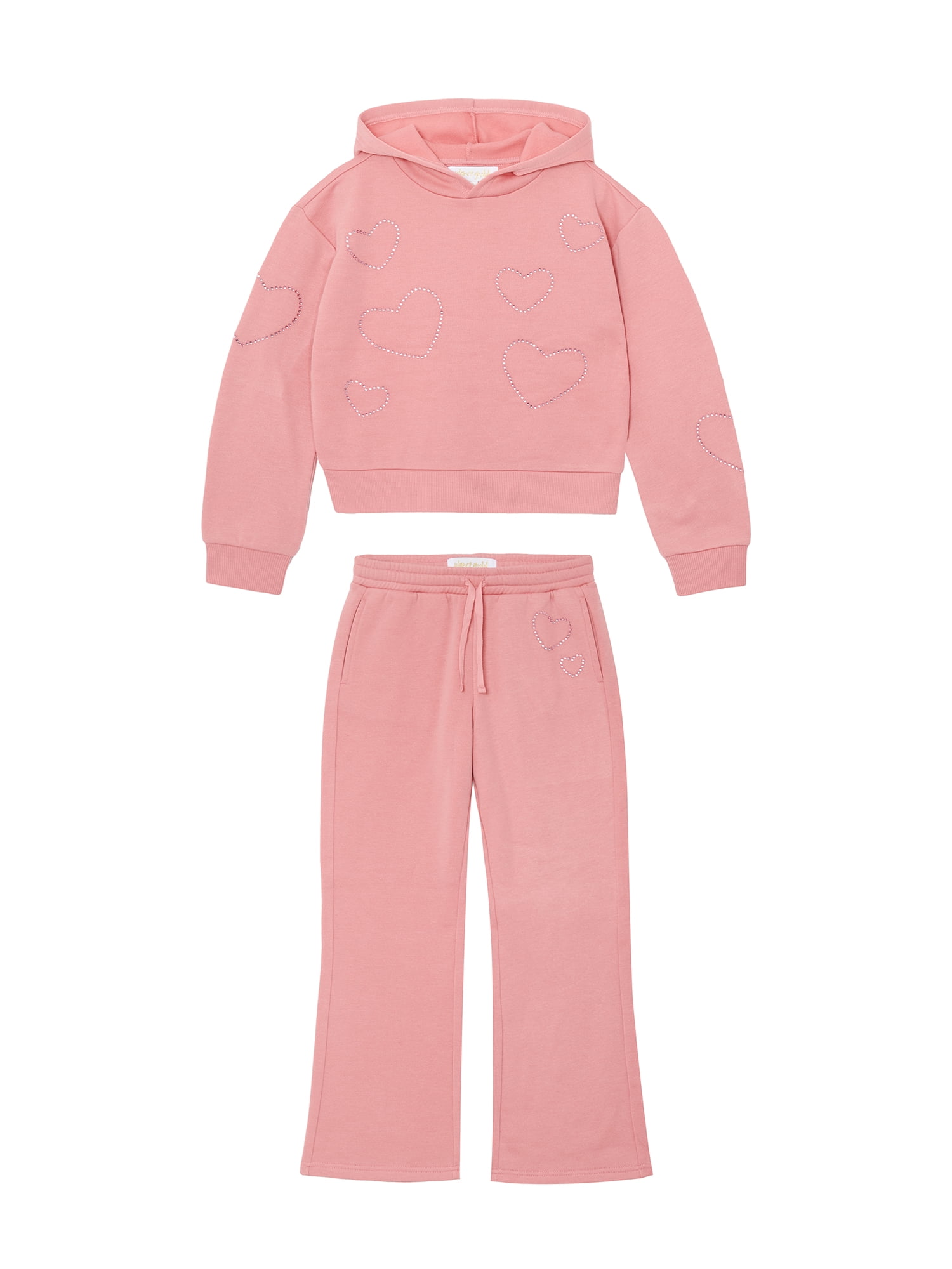 Planet Gold Girls' Rhinestone Heart Embellished Fleece Hoodie and Pant, 2-Piece Set, Sizes 4-18