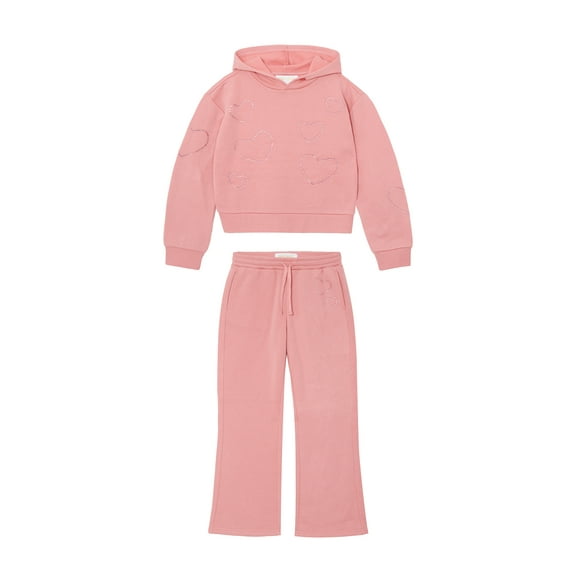 Planet Gold Girls' Rhinestone Heart Embellished Fleece Hoodie and Pant, 2-Piece Set, Sizes 4-18