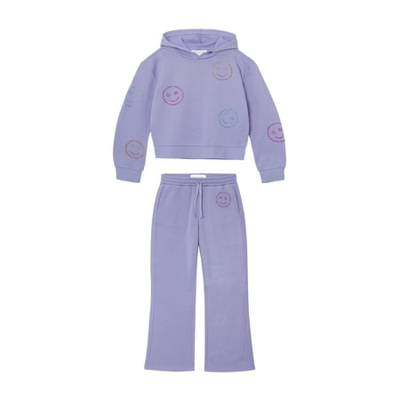 Planet Gold Girls' Rhinestone Smiley Face Embellished Fleece Hoodie and Pant, 2-Piece Set, Sizes 4-18
