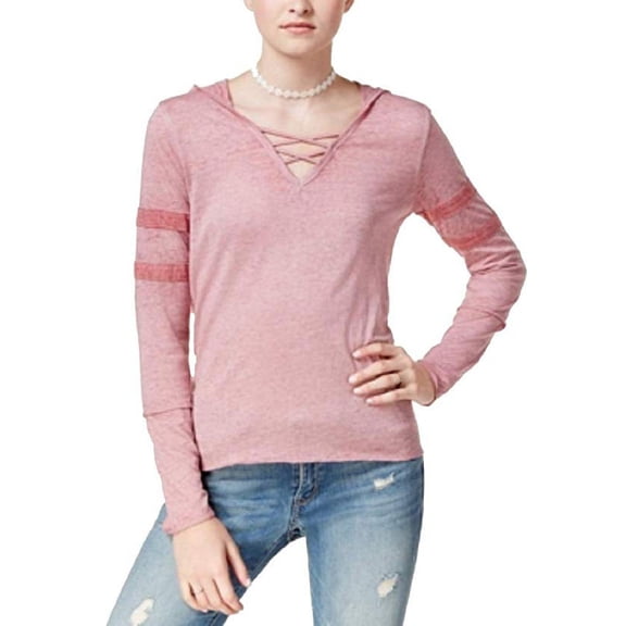 Planet Gold Juniors' Burnout Crisscross-Trim Hoodie Pink XL