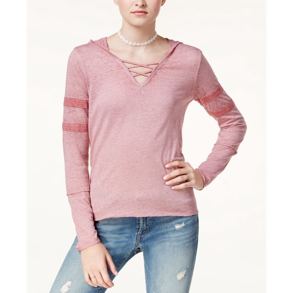 Planet Gold Juniors Burnout Crisscross Trim Hoodie Pink XS