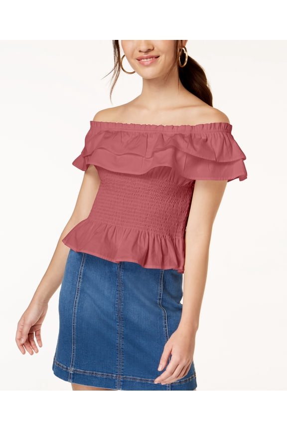 Juniors Cotton Off The Shoulder Smocked Top Pink XL