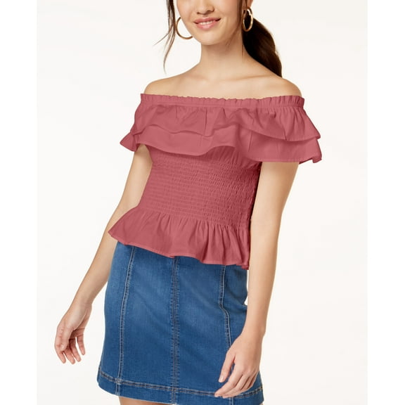 Planet Gold Juniors Cotton Off The Shoulder Smocked Top Pink XS