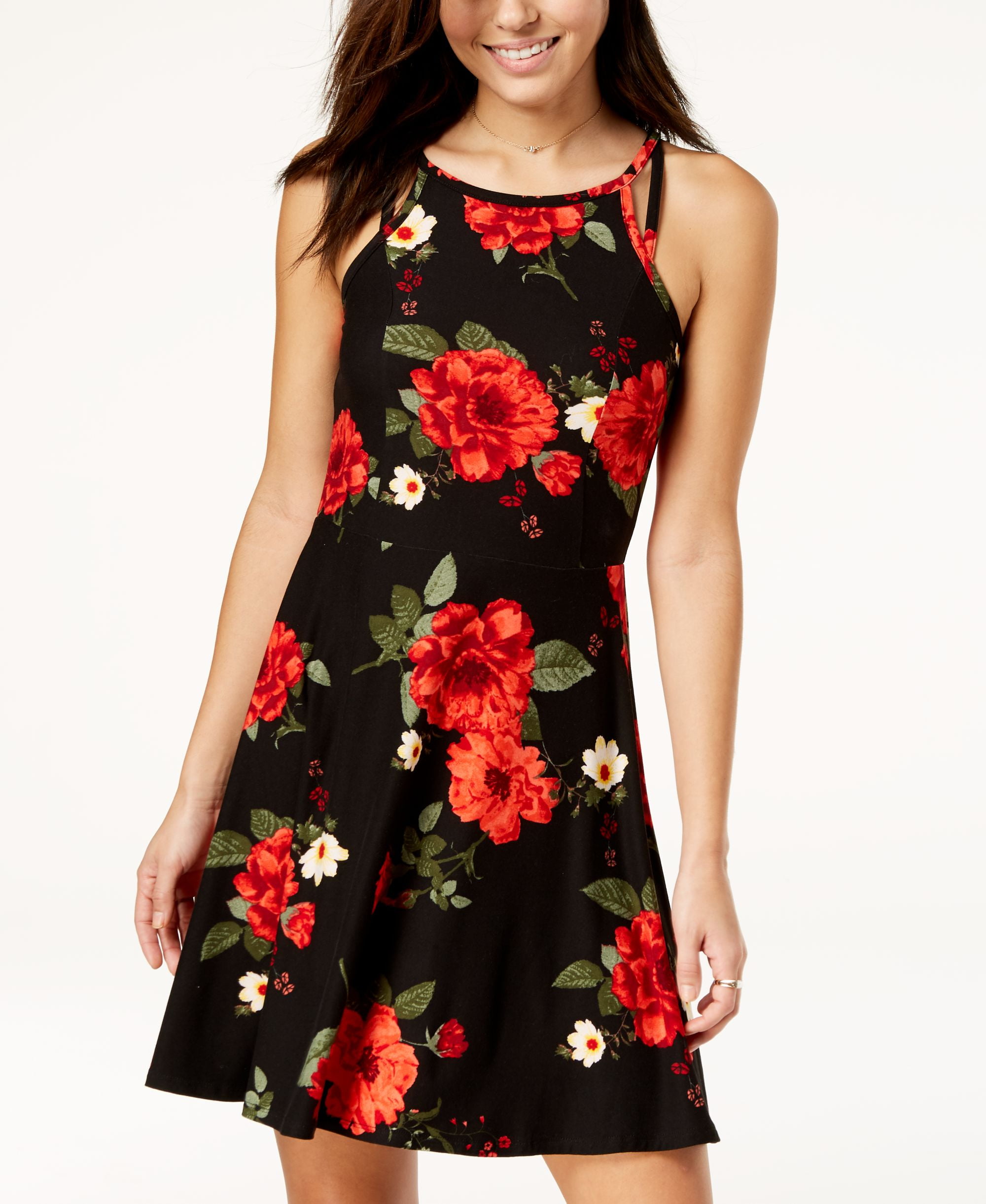 green emerald velvet dress Satin Fit & Flare Dress in Black & Red main image 1