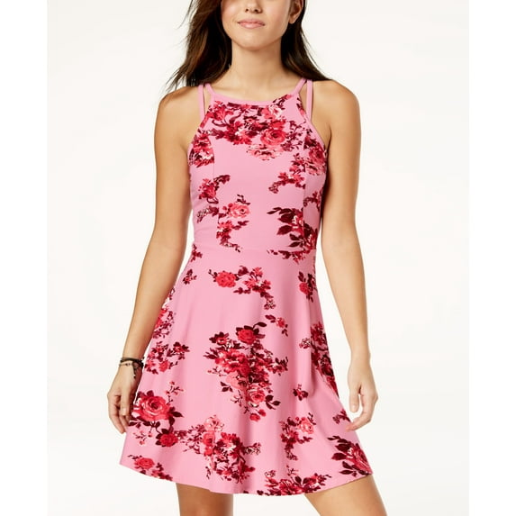 Planet Gold Juniors Double Strap Fit Flare Dress Mauve Floral 2XL