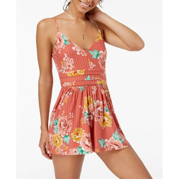 Planet Gold Juniors Floral Print Romper Coral Floral L