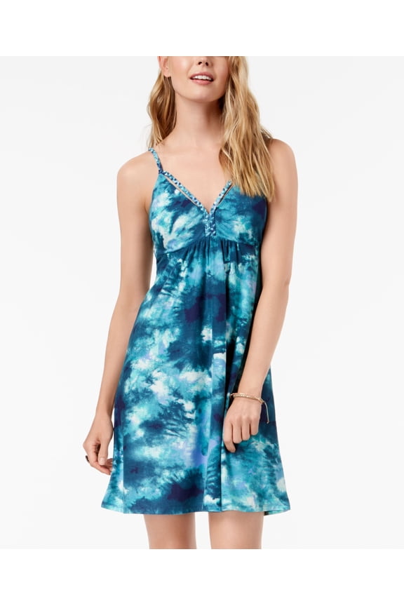Juniors Printed Braided Detail Dress Blue Topaz Combo S