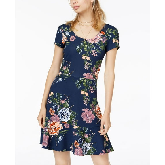 Planet Gold Juniors Printed Fit Flare Dress Navy 2XL