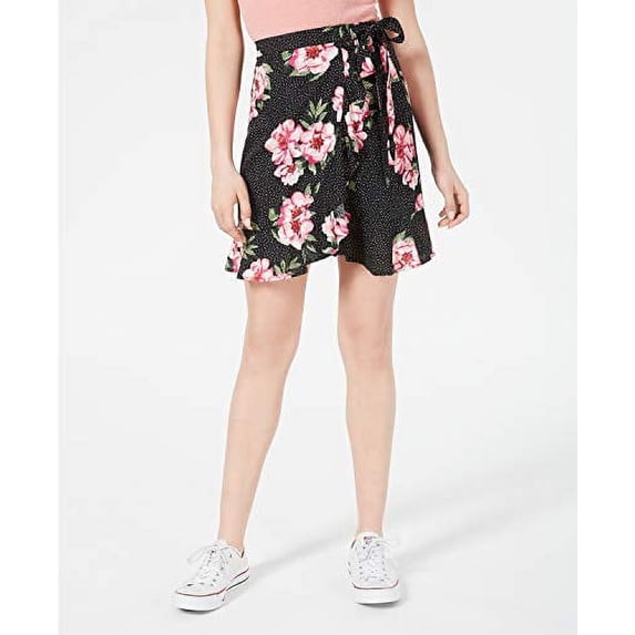 Planet Gold Juniors Printed Wrap Skirt Black Dot Floral M