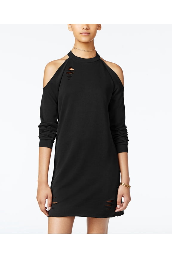 Juniors Ripped Raw Edge Cold Shoulder Sweatshirt Dress Black Beauty XS