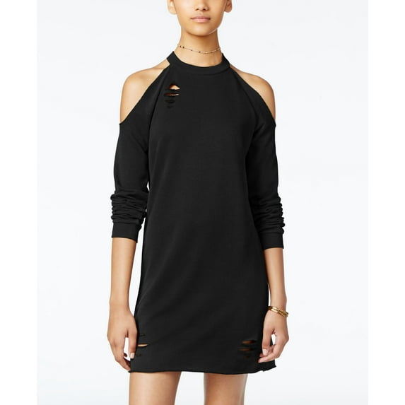 Planet Gold Juniors Ripped Raw Edge Cold Shoulder Sweatshirt Dress Black Beauty XS