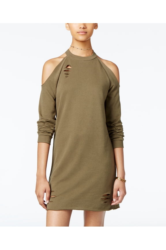 Juniors Ripped Raw Edge Cold Shoulder Sweatshirt Dress Olive XS