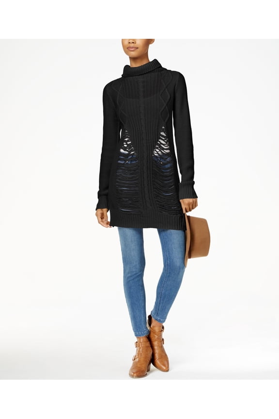 Juniors Ripped Turtleneck Tunic Sweater Black Beauty M
